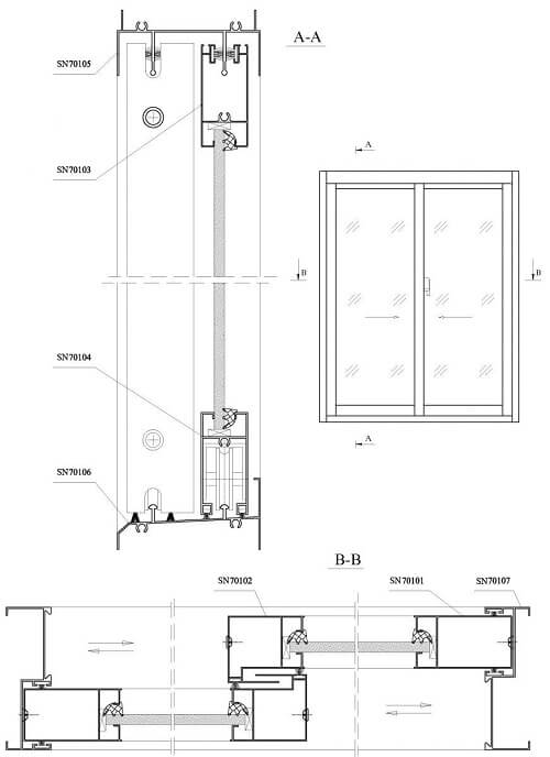 Mặt cắt cửa lùa 70A