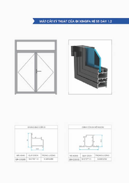 Mặt cắt profile và cửa nhôm Xingfa Quang Minh